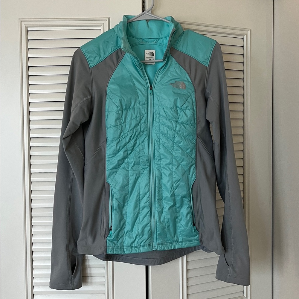 The North Face Women's Aqua and Gray Jacket with Thumb Holes